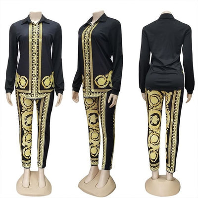 Two Piece Set Paisley Print Knitted Black Woman Jumpsuit