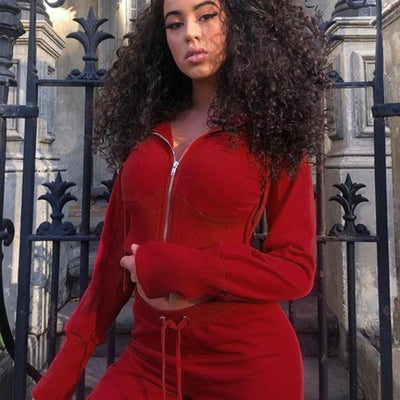 Long Sleeve Two Piece Suit Jumpsuit Women Red Autumn Winter