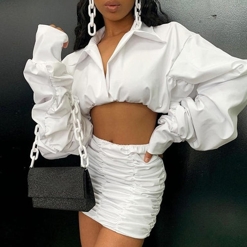 Elegant Two Piece Pleated White Bodycon Dress