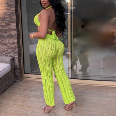 Sexy 2 Piece Suit Jumpsuit Female Sleeveless Crop Top