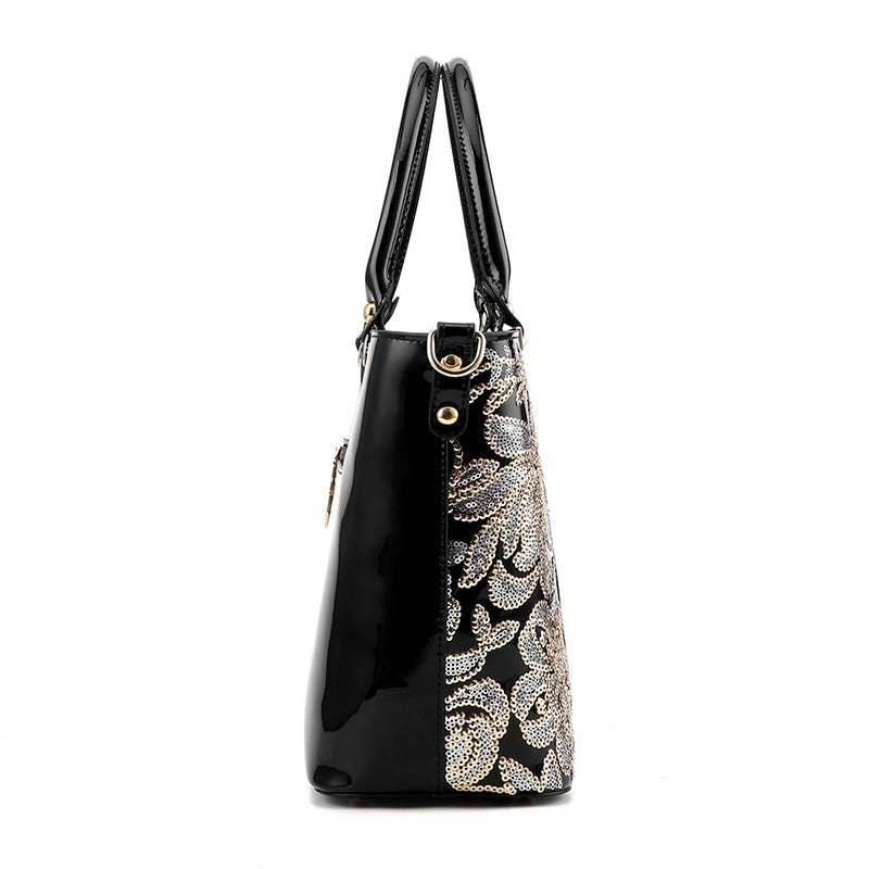 Black Embroidered Bright Leather Shoulder Bag