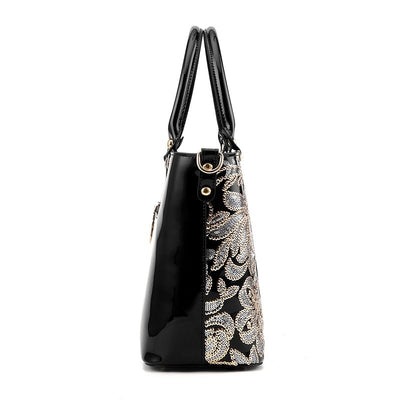 Black Embroidered Bright Leather Shoulder Bag