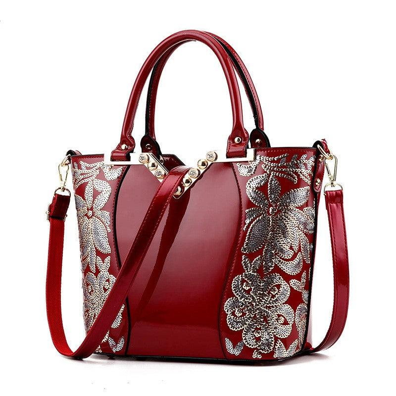 Black Embroidered Bright Leather Shoulder Bag