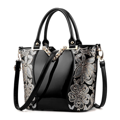 Black Embroidered Bright Leather Shoulder Bag