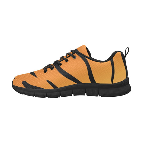 Womens Sneakers, Orange And Black Tiger Stripe, Black Bottom Running